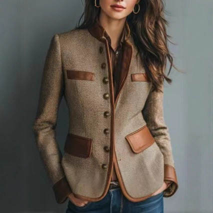 Cappotto da donna in lana color-block in velluto retrò francese, colletto da abito di alta qualità, casual, slim fit, con maniche lunghe, nero/grigio_voghion.com