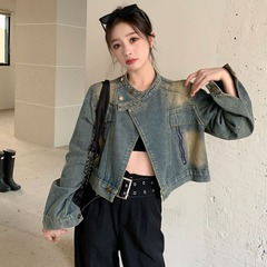 高級感レトロな香港風立襟デニムのショートコート