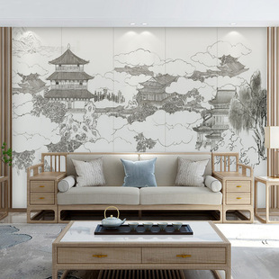 Modern New Chinese Landscape Wallpaper Pavilion Elegant Artistic Conception Style Mural Living Room Sofa Background Wall Cloth Tea Room Wallpaper