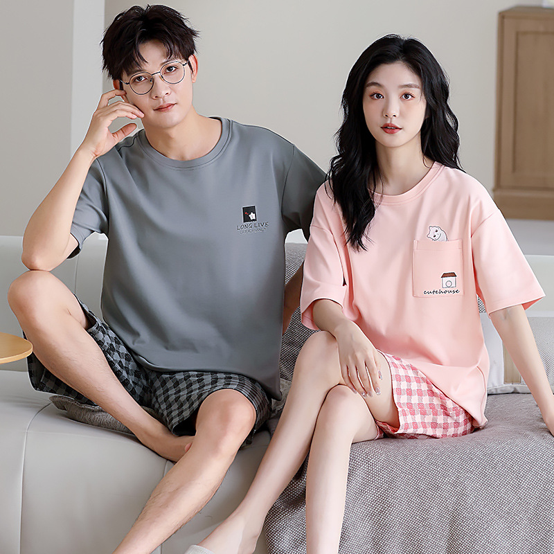 25 New Summer Tight-Fitting Pure Cotton Couple Style Short-Sleeved Shorts Round Neck Cute Cartoon Thin Style Can Be Worn Outside Home Clothes