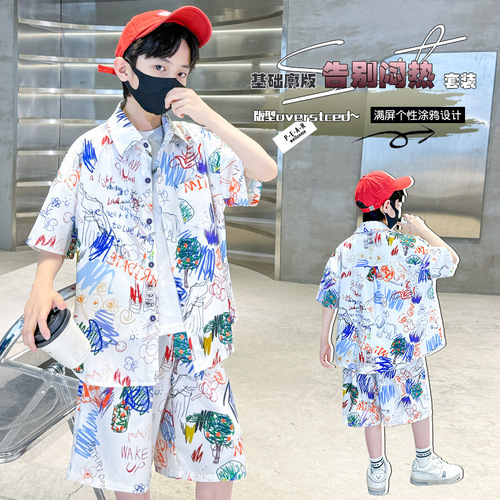 2024 New Summer Graffiti Shirt Set for Boys: Stylish Thin Ice-Silk Quick-Dry Two-Piece Outfit for Older Kids
