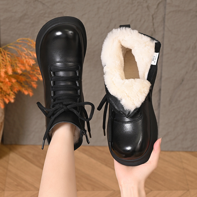 새로운 스노우 부츠 양가죽 원피스 쇼트 부츠 두꺼운 밑창 기모 미끄럼 방지 따뜻한 헤드 레이어 Cowhide 두꺼운 코튼 부츠 여성용 겨울