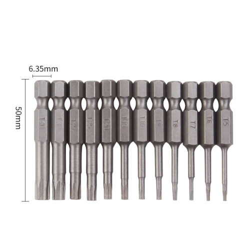 12-piece set of hollow plum blossom star-shaped air bit electric bit T5-T40 length 50MM 1/4 hexagonal handle
