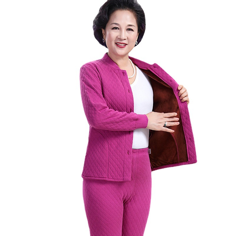 HENGYUANXIANG 기모 남성과 여성을위한 노인 열 속옷 용 두꺼운 3 층 공기 면화 카디건 냉찜질 할아버지와 할머니 세트