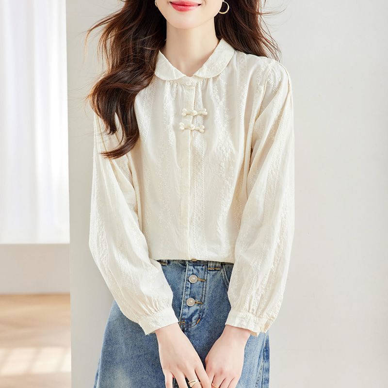 長袖の純綿の刺繍のシャツの女性の2025春の服装の新型の新しい中国式の肉を遮ってやせている上着の純綿はシャツを掛けます|undefined