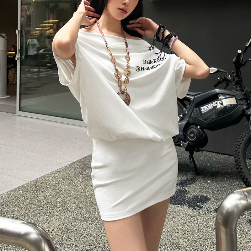 2025欧美夏季跨境新款纯色斜肩字母印花时尚小众别致包臀连衣裙女|undefined