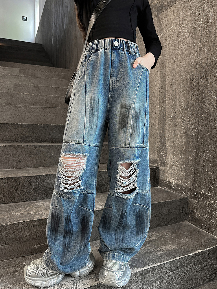 Spot Spring New Paint Style Hole Girls Fashion Children's Miscellaneous European And American Jeans Denim Loose Pants_viptrois.com