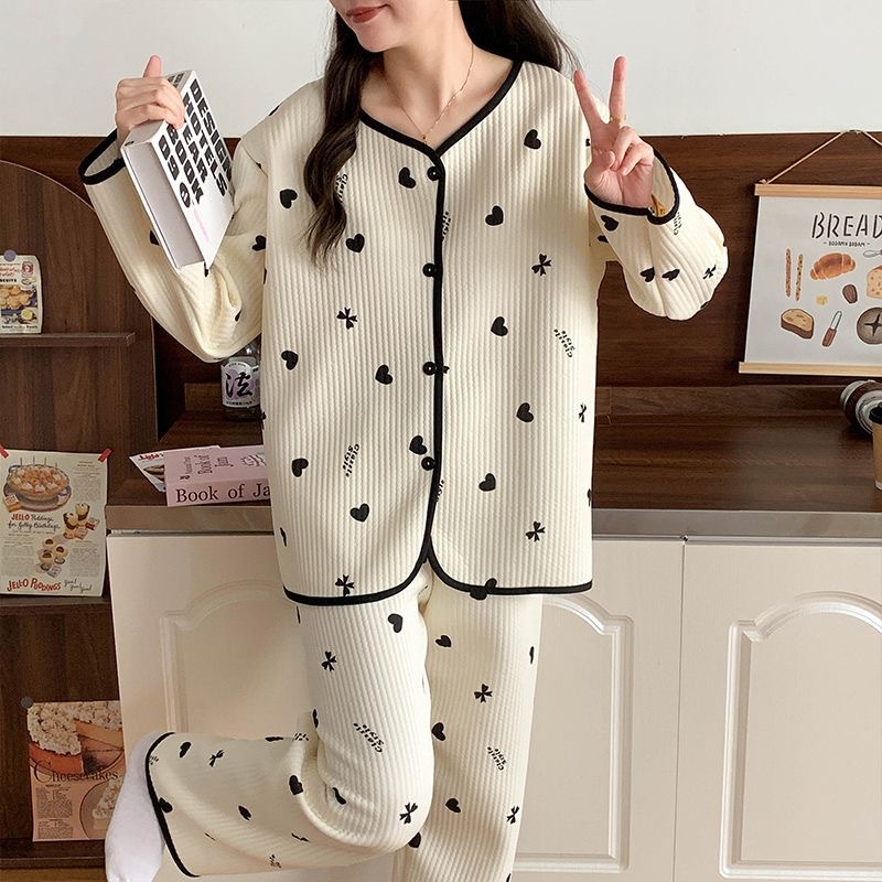 Pijamas de algodón de aire de mujeres otoño y invierno nuevo engrosado de mangas largas dulce pequeño viento fragante calentamiento conjunto de ropa de hogar se puede usar fuera