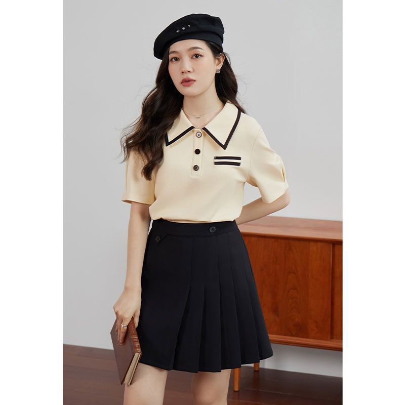 2025 Summer Polo Collar Contrast Color Design Niche Short Sleeve T-Shirt Summer New Top