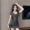 Hip wrapped short skirt sexy spicy girl low cut slim fit design feeling knitted sequin dress