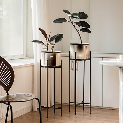 Modern light luxury minimalist Japanese style living room balcony indoor iron plant stand with rattan-like woven frame