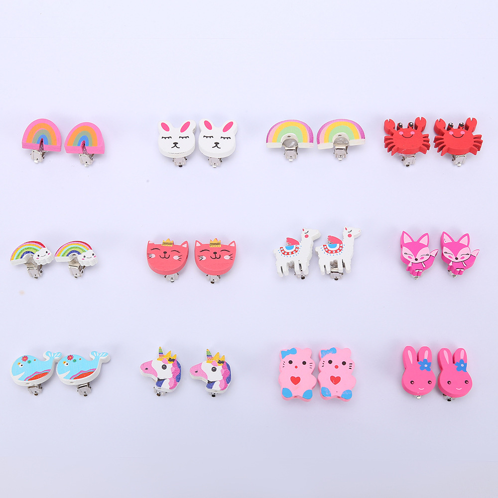 Cartoon Style Animal Rainbow Wood Stoving Varnish Womenu0027S Ear clips 1 Pair