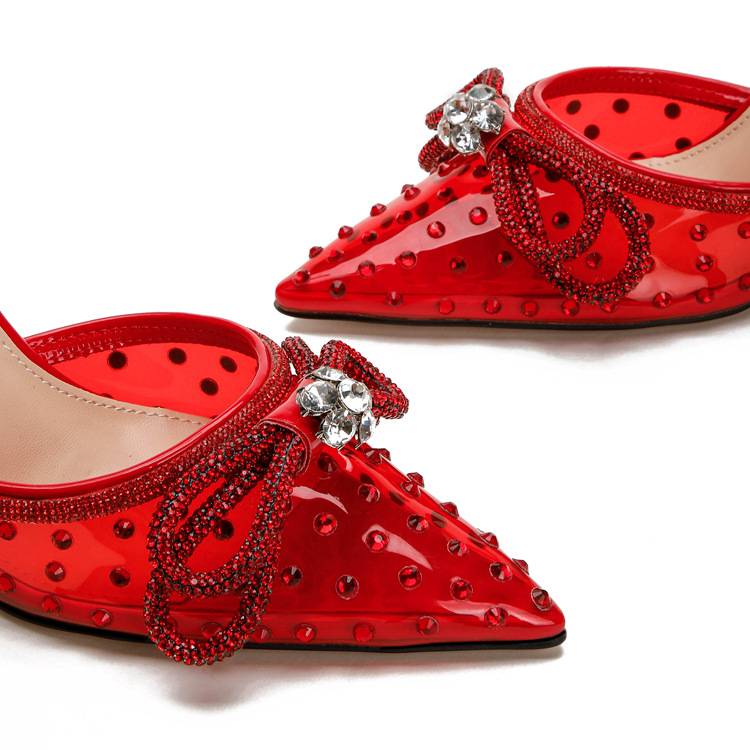 New rhine-diamond transparent high heel sandals women's fine heel pointed high heels with a line with a bun head_voghion.com