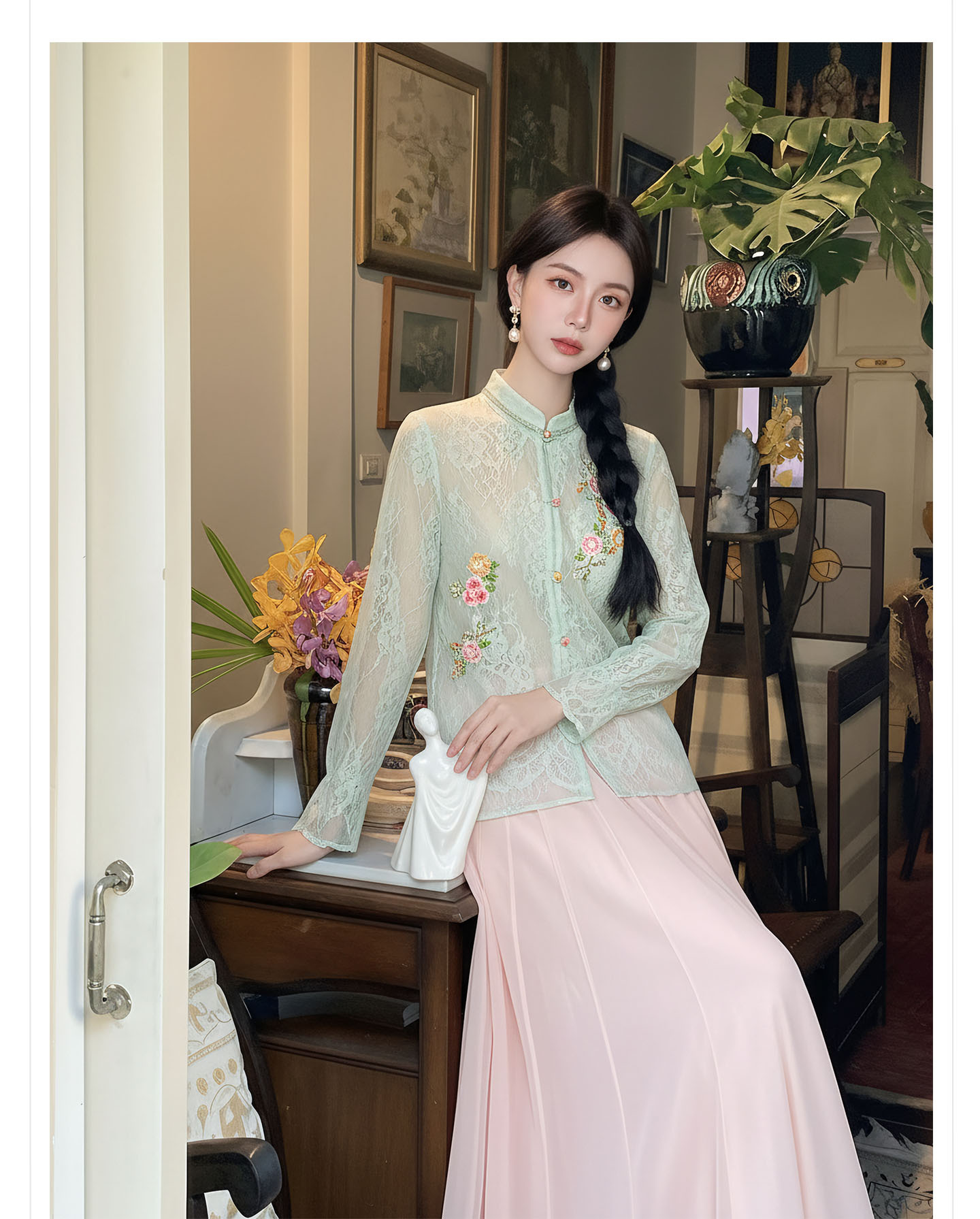 Bộ áo khoác và chân váy thêu hoa tơ tằm cao cấp phong cách Tân Trung Hoa — bộ đồ, nửa váy, áo khoác chi tiết 5