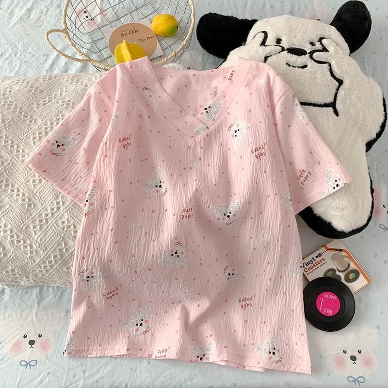 Vietnam transfronterizo transmisión en vivo estilo caliente verano con cuello en V nube pijamas de algodón pantalones de manga corta para mujer traje de servicio a domicilio para estudiantes de dibujos animados