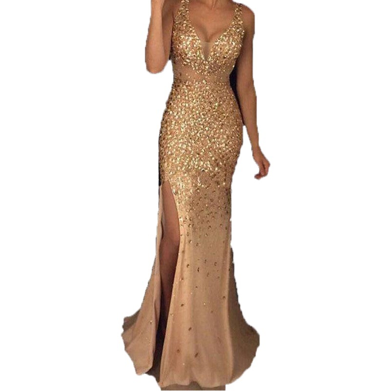 Vestido Largo de Lentejuelas con Abertura, Estilo Europeo y Americano, Primavera 2025, Ropa de Mujer, Vestido de Noche