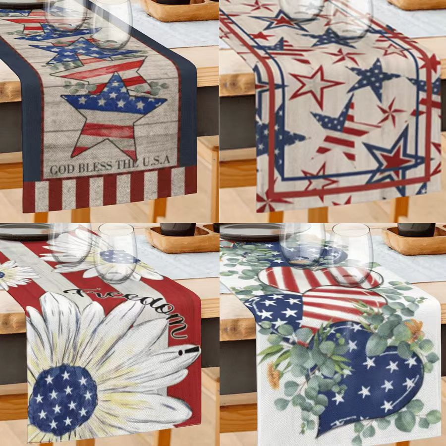 Transfronterizo 2024 nuevo día de la independencia de los Estados Unidos lino bandera de mesa bandera estrella y rayas tela de mesa de comedor cama de té tela de mesa