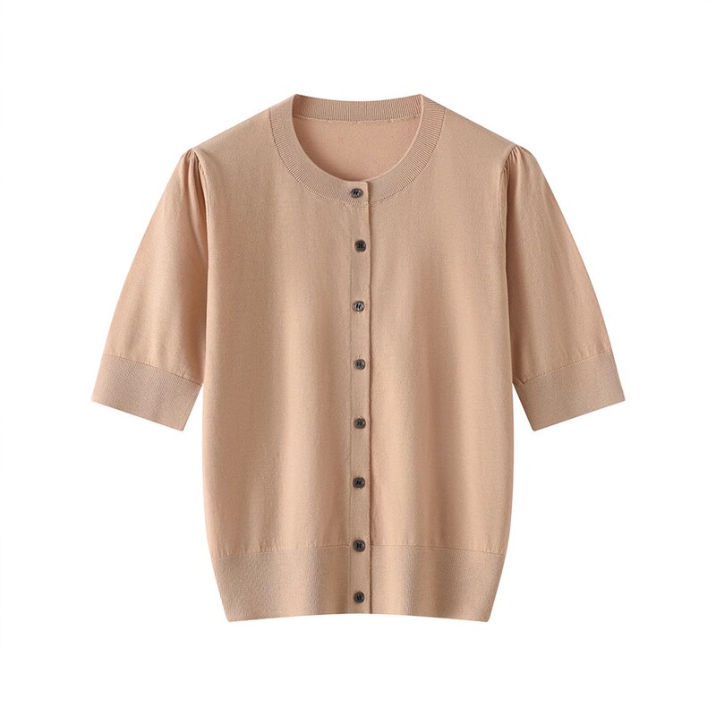 18-Gauge Worsted Mulberry Silk Knitted Cardigan Women's Round Neck Short-Sleeved Loose Slimming Look Spring and Summer Cashmere T-Shirt Top 18-Gauge Worsted Mulberry Silk Knitted Cardigan Women's Round Neck Short-Sleeved Loose Slimming Look Spring and Summer Cashmere T-Shirt Top