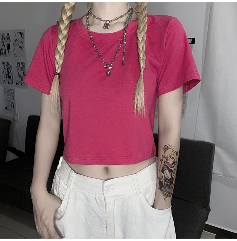 Camiseta corta de 9 colores para mujer, de manga corta y color liso, estilo nuevo verano 2026, top blanco ajustado, capa base de moda.