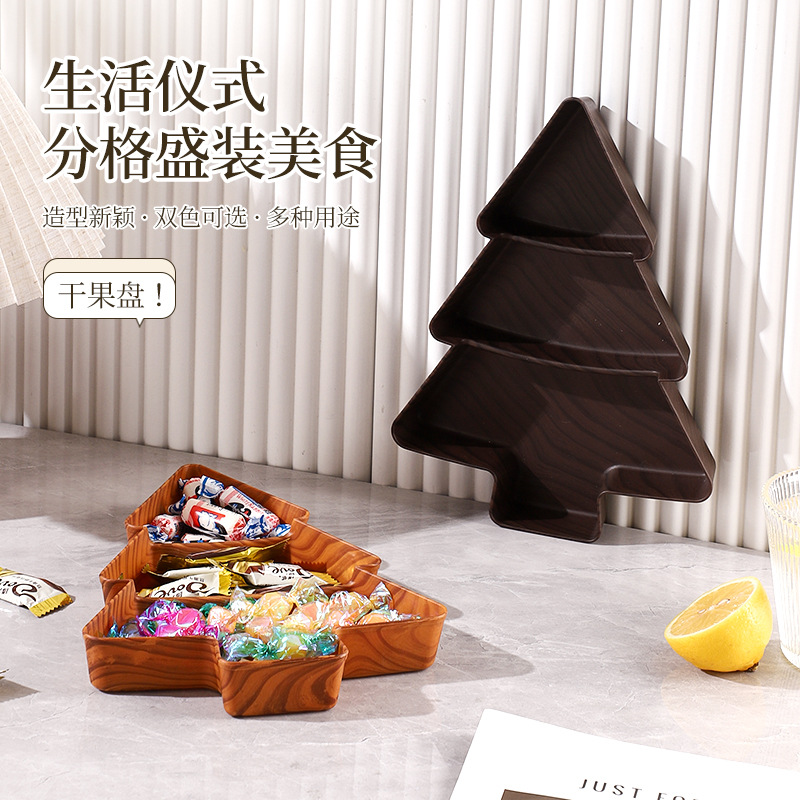 Imitation Wood Grain Cross-Border Christmas Tree Compartmented Fruit Plate Household Snack Plate Plastic Candy Plate Melon Seed Plate Fruit Dried Fruit Box