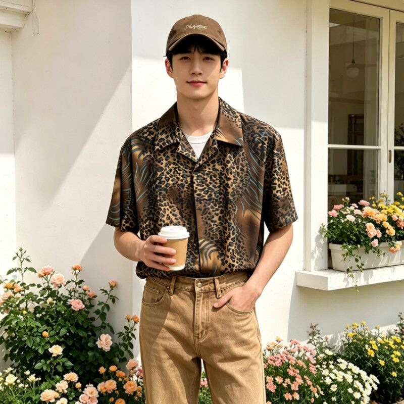Summer Trendy New Men's Clothing Retro Leopard Print Short-Sleeved Shirt with Lapel, Loose Casual Outer Wear, Handsome Shirt for Men