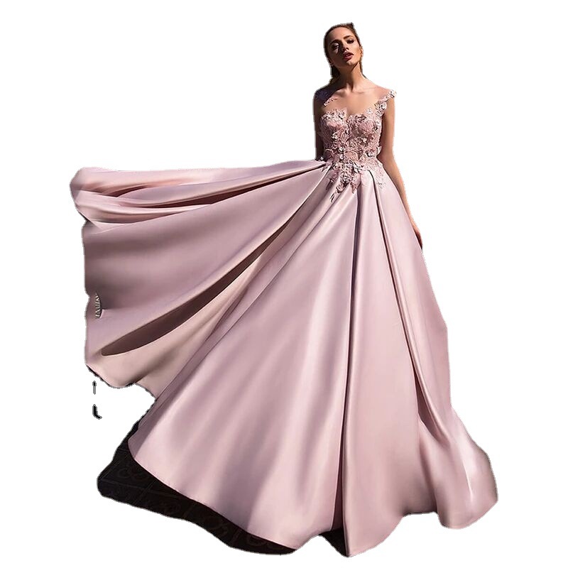 Comercio exterior europeo y americano Amazon AliExpress deseo mujeres nuevo encaje cuello redondo vestido de noche A-line adelgazamiento largo
