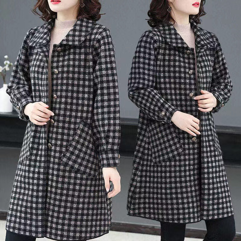 Chubby Sister Woolen Suit Jacket with Lining in Autumn and Winter Mid-length Plaid Slimming Fashionable Korean Style Large Size Women's Wear