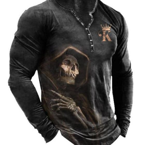 Men's European and American V-neck T-shirt long sleeve open placket crown skull 7-button imitation cotton shirt Henry shirt long sleeve
