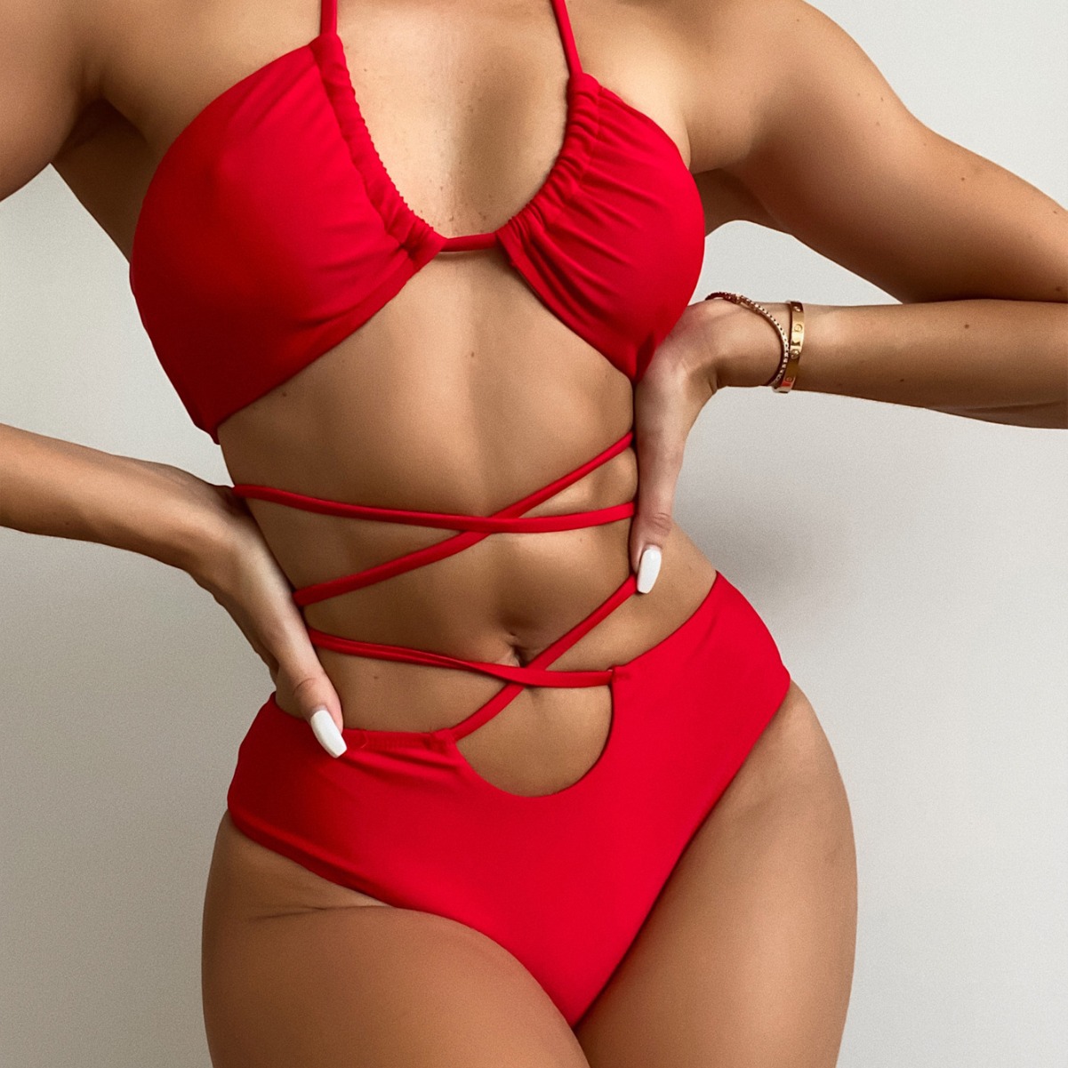 Amazon Women's Solid Color Strap Crossover Split Swimsuit Sexy bikini bikini LZ335