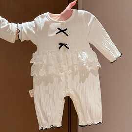 婴儿春秋新款女宝宝假两件连体衣小公主甜美蝴蝶结外出服Z3002