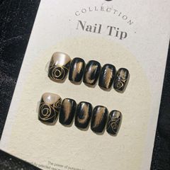 黑色羽毛穿戴甲金邊貓眼玫瑰氣質黑冷艷美甲貼酷黑冷艷高級感甲片