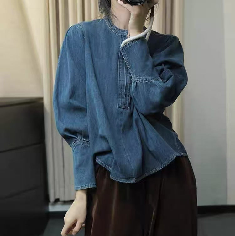 Denim Shirt 2025 Spring New Artistic Retro Half Zipper Loose Long Sleeve Pullover Top Women's 3755
