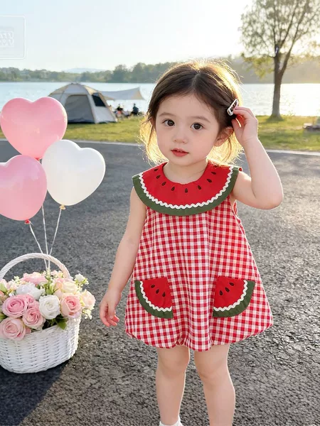 2026 New Style Girls' Watermelon Collar Plaid Dress Summer Baby Sleeveless Princess Dress Cute and Stylish Cotton Dress