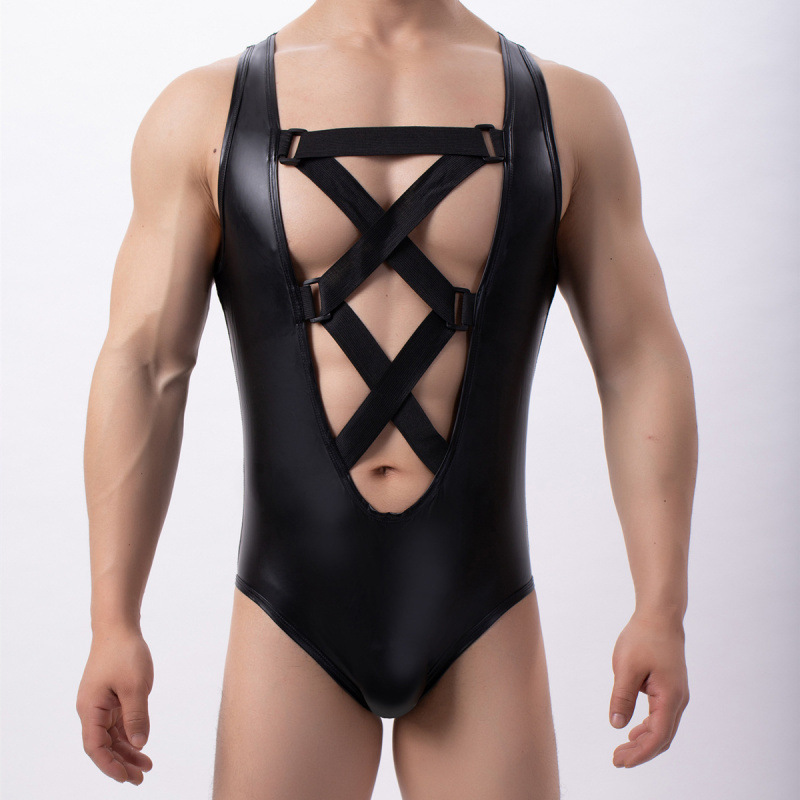 2025 New Cross-Border Export Imitation Leather Vest Imitation Leather Mesh Jumpsuit Waist Cross Shaping Bodysuit 2025 New Cross-Border Export Imitation Leather Vest Imitation Leather Mesh Jumpsuit Waist Cross Shaping Bodysuit