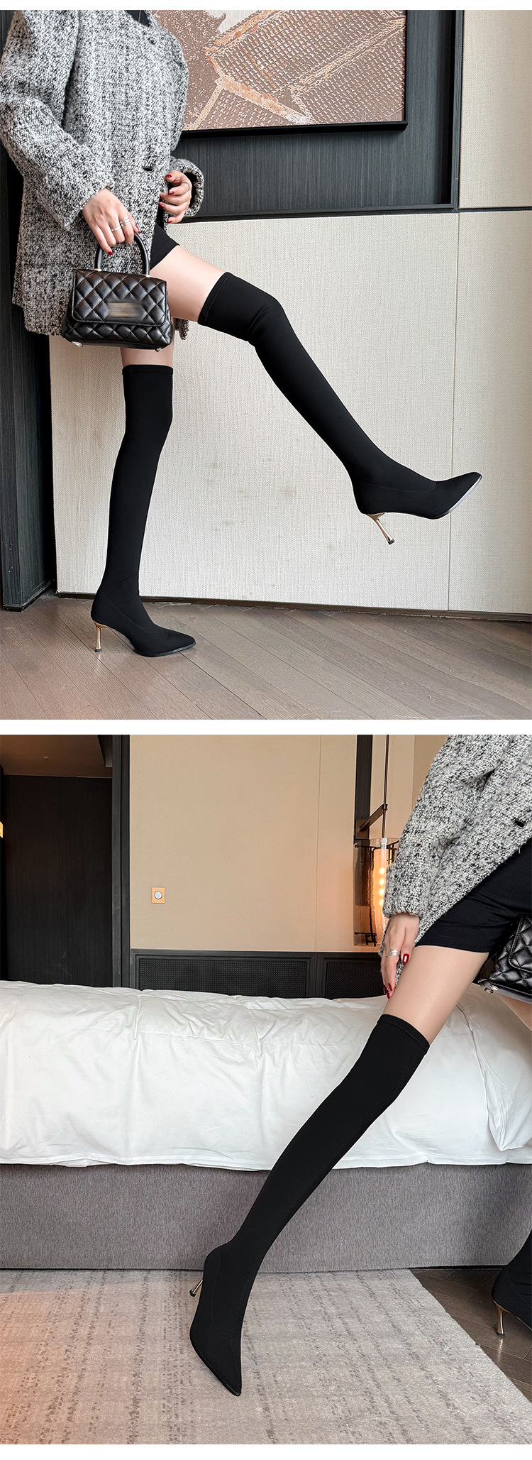 Boot nữ cổ cao quá gối mũi nhọn gót nhọn co giãn ôm chân — Ống cao màu đen chi tiết 13
