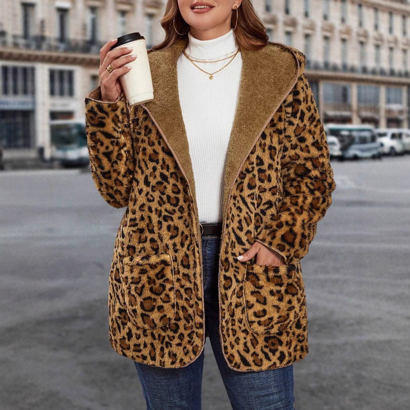 2025 New Autumn and Winter Leopard Print Plush Jacket for Women, Hooded, Loose, Warm and Thickeneded Cross-Border