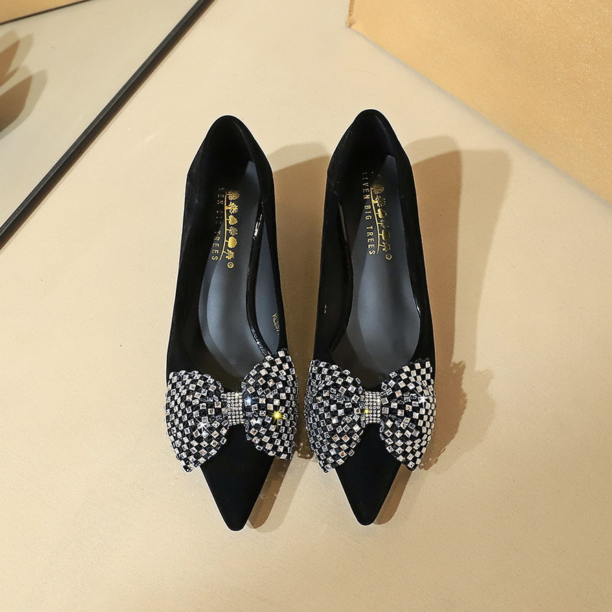 2377-H122 Korean retro style comfortable pointed shallow mouth cat heel rhinestone bow low heel professional single shoe for women