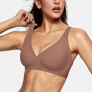 Cross-Border Seamless Intimates Women's V Neck No Rims Large Breast Pads Removable Thin Large Size Soft Support Comfortable Bra