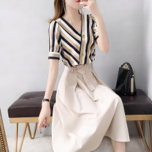条纹连衣裙两件套装女2025夏季新款时尚气质套裙显瘦休闲高腰长裙