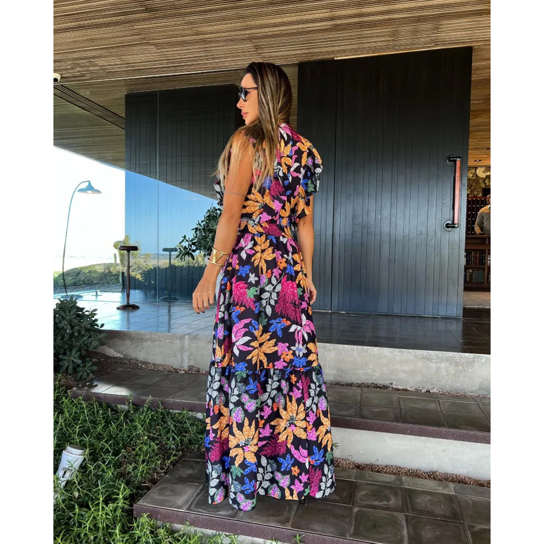 Sleeveless Sleeve Length Swing Dress Dresses Type Wholesale Women's Vacation Leaves Flower Daily Beach V Neck Sleeveless Swing Dress