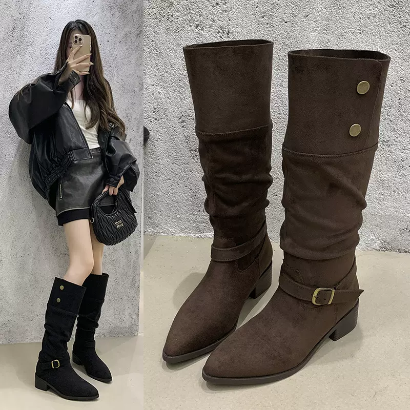 套筒复古褶皱不过膝长筒靴女靴秋冬两穿长靴子绒面尖头弹力骑士靴