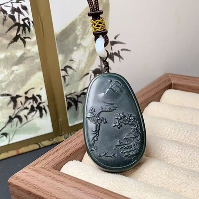 天然和田墨玉山水牌吊坠细腻立体浮雕玉石风景牌挂件饰品直播货源