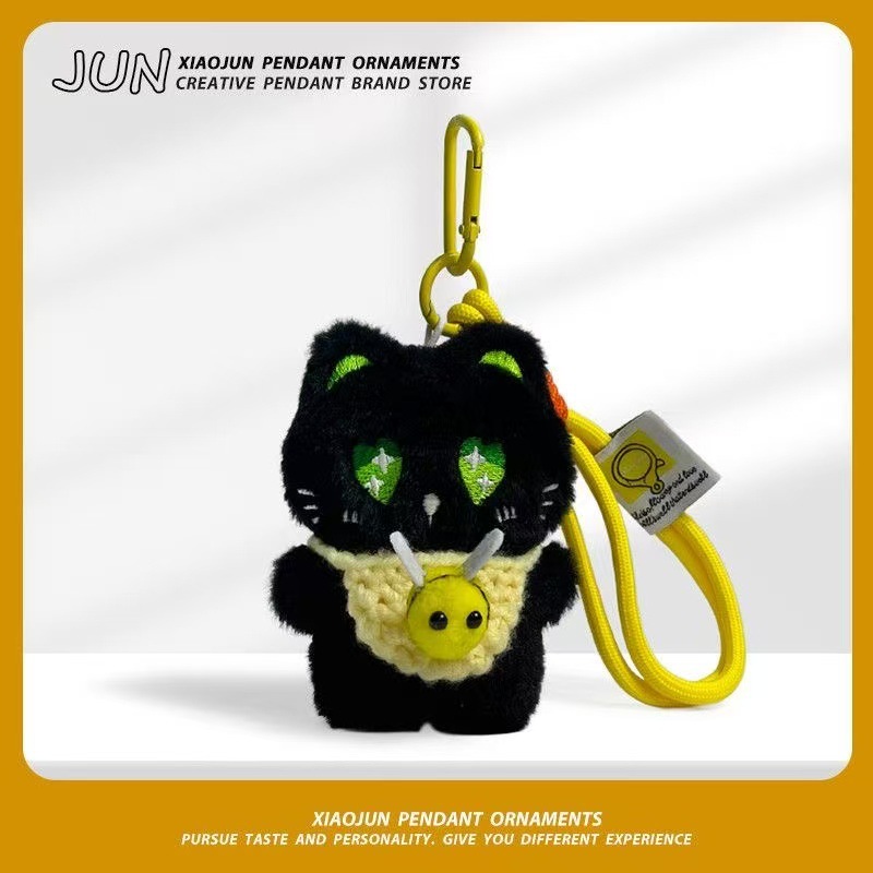 Super lindo gato negro lindo muñeca de peluche tejido bolso de mano pequeña abeja bolso de cuerda de mano colgante llavero colgante