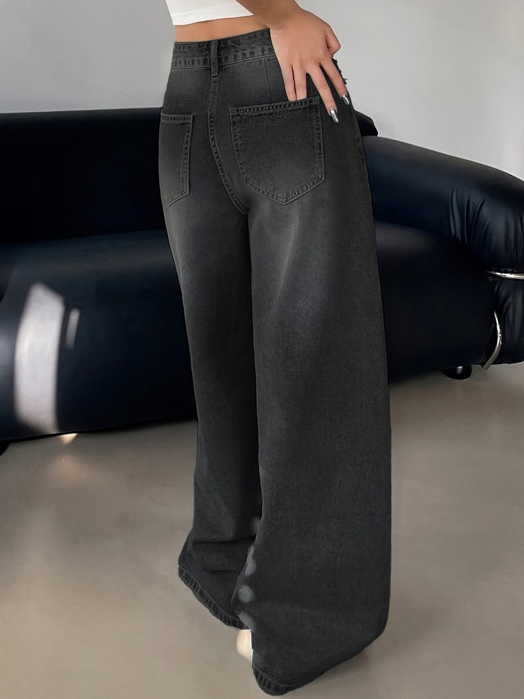 American-style Water-washed Blue Wide-leg Super-long Trailing Jeans Women's Ripped Loose Wide-leg Casual Pants