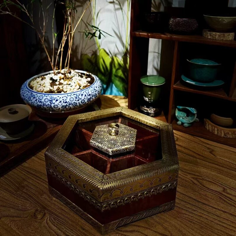 India Imported Fruit Plate Retro Style Wooden Copper-Wrapped Tray Snack Plate Large Desktop Storage Decorative Ornaments