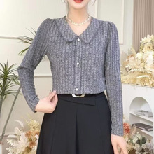polo翻领针织打底衫春季新款女复古温柔时尚内搭毛衣钻扣修身上衣