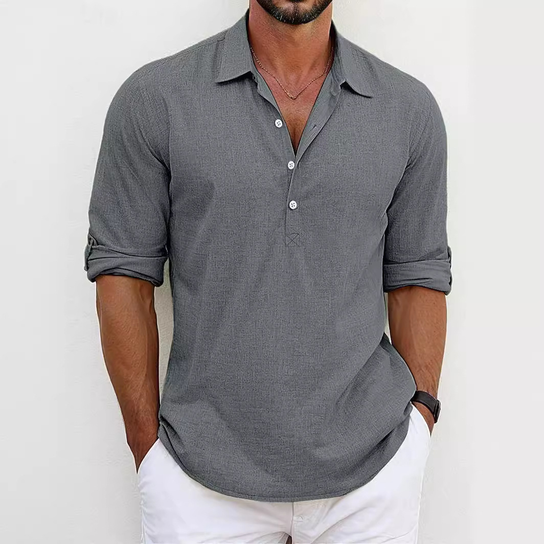 Men's Linen Shirt, Summer Foreign Trade Cross-border Solid Color Half-cardigan, Breathable, Sweat-absorbent,_voghion.com