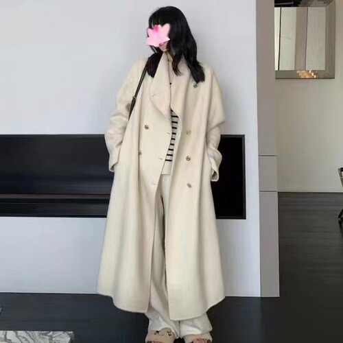 Winter and Autumn Standing Collar Double Breasted Unstructured Long Length Loose Cashmere Coat for Women High-End Outerwear Stylish and Elegant Korean Style