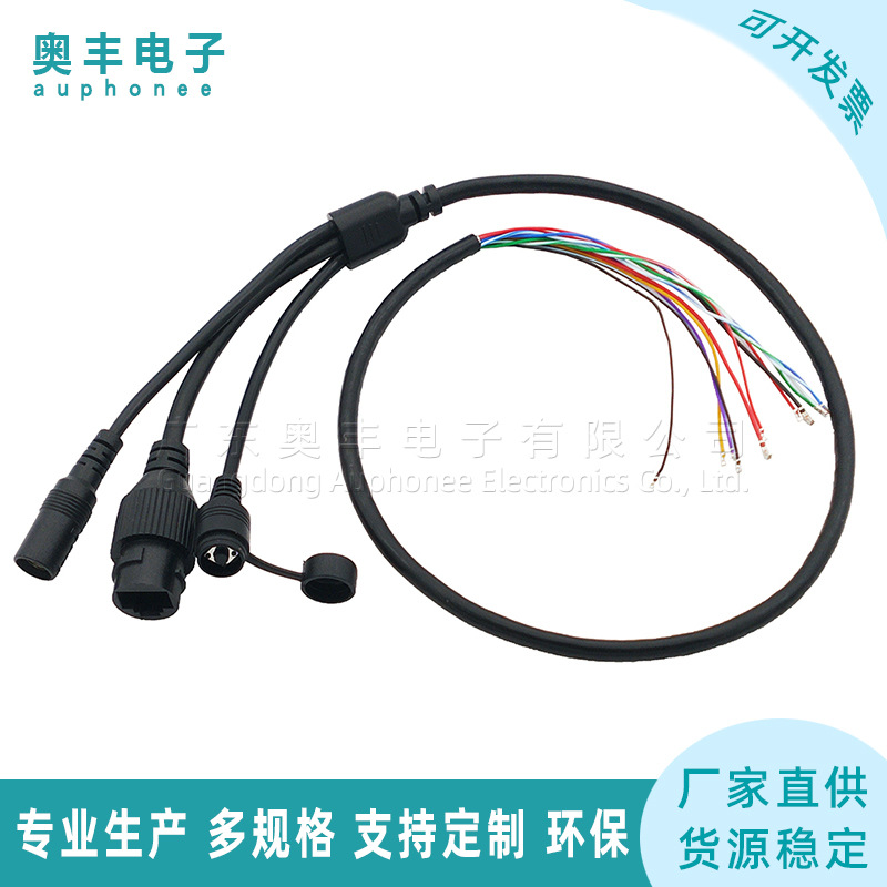 黑色RJ45防水12芯线 带灯rj45+DC+复位开关(带POE)一拖三防水线