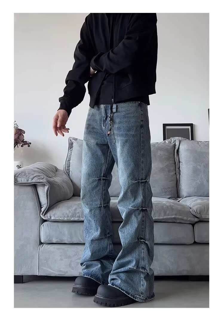 Men's Clothing high street side pleated design flared jeans loose distressed cleanfit wide leg trousers trend_voghion.com